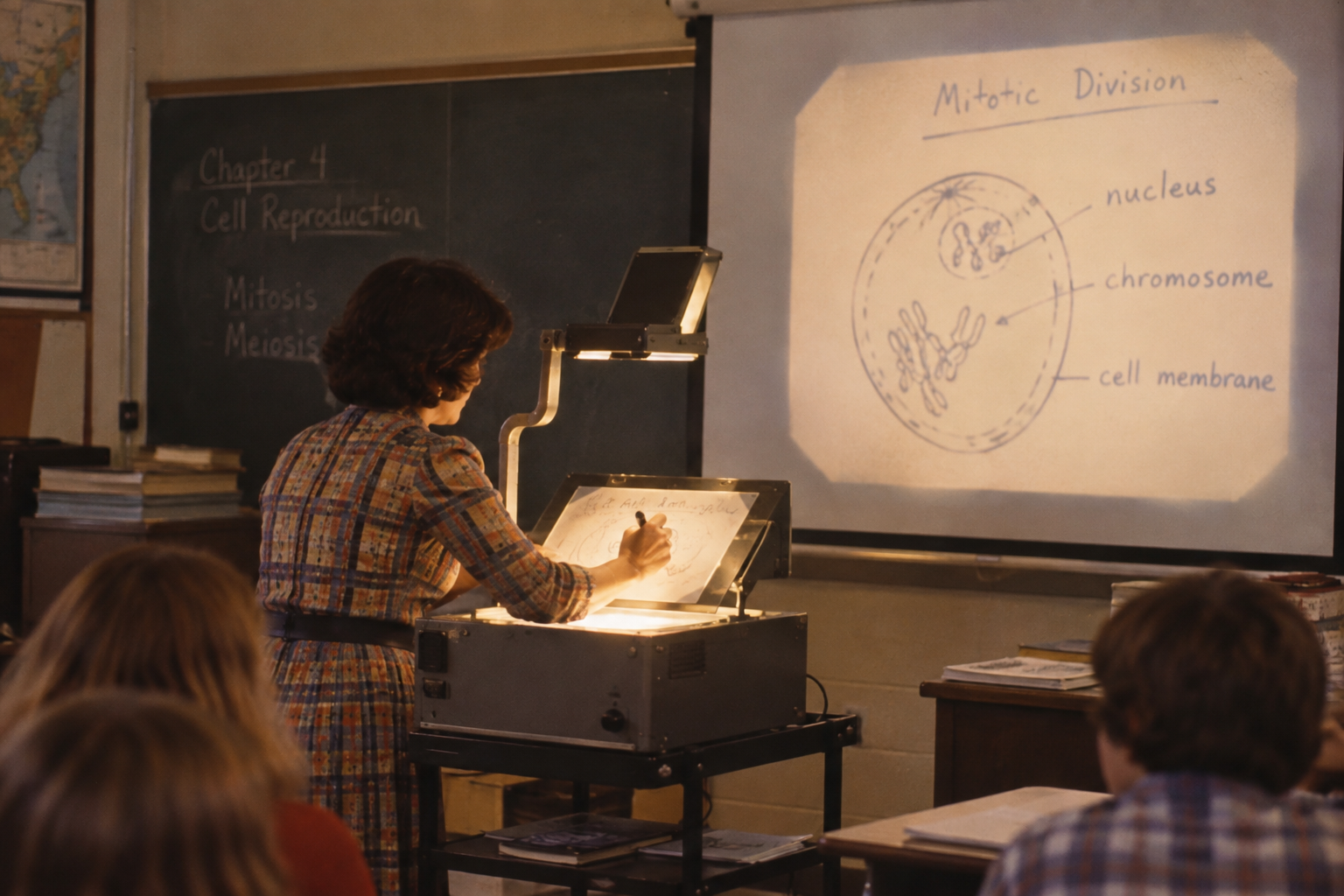A teacher uses an overhead projector to teach mitosis and meiosis in a classroom; students watch as she points to a diagram labeled “Mitotic Division” on the screen.