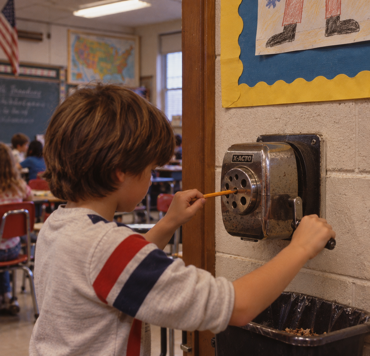 A young boy uses a wall-mounted manual pencil sharpener in a classroom.