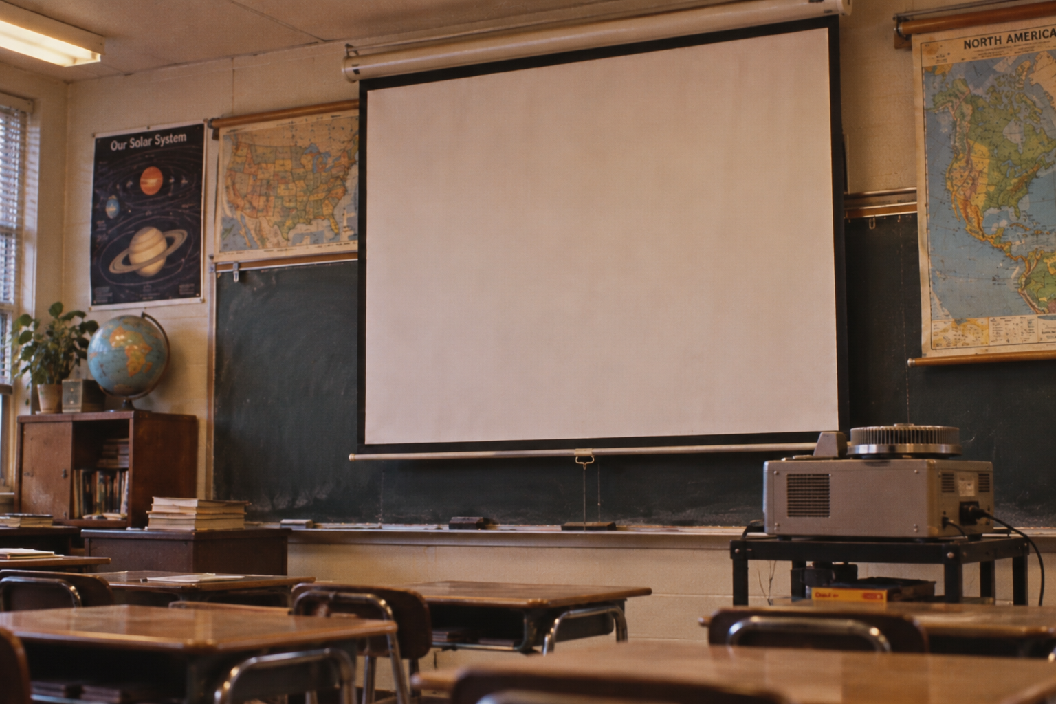 An empty classroom with desks, a projector, a large pull-down screen, a chalkboard, maps, and a globe. Sunlight comes through a window, and shelves hold books and plants.