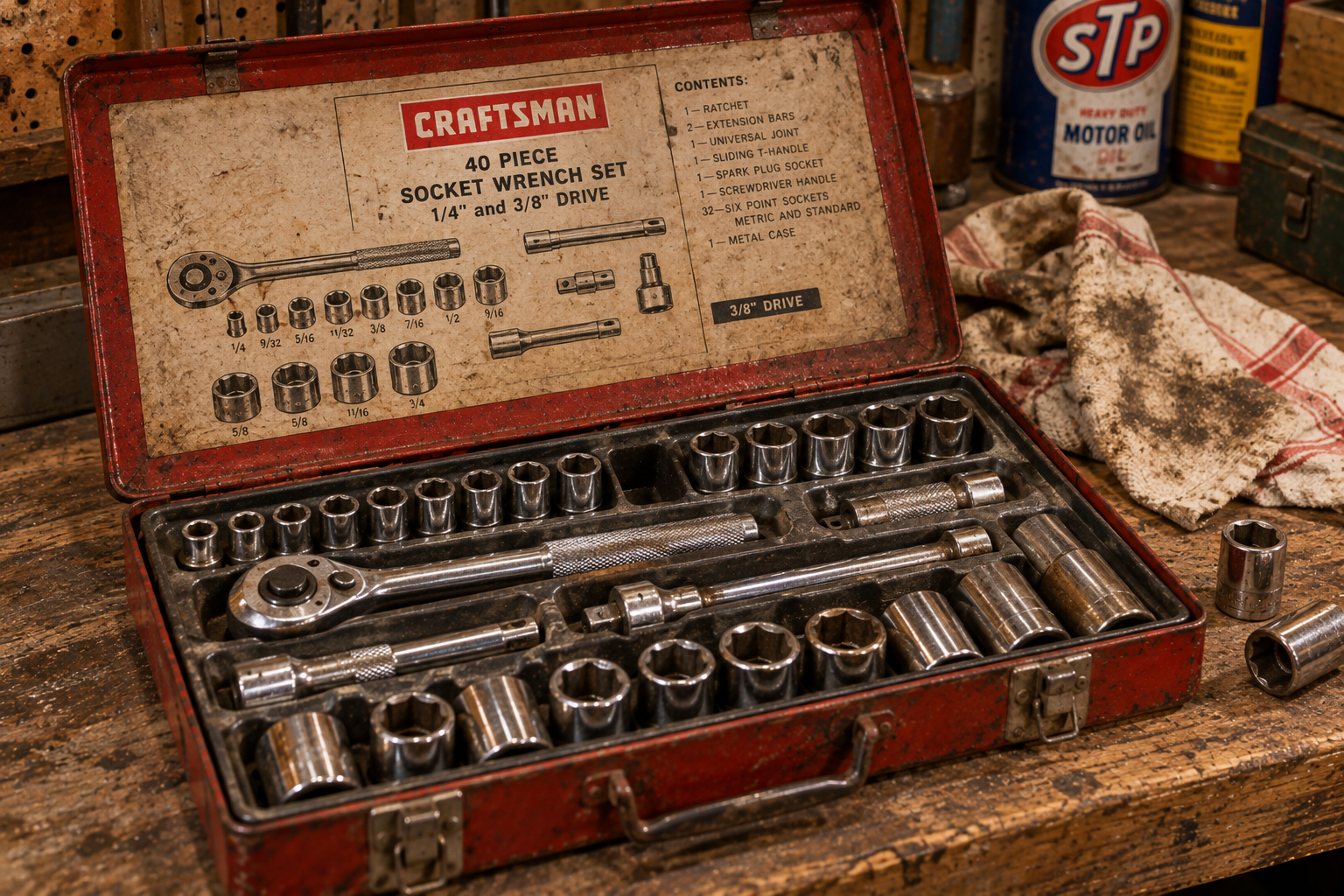 An open, weathered red Craftsman 40-piece socket wrench set in its metal case, sitting on a wooden workbench.