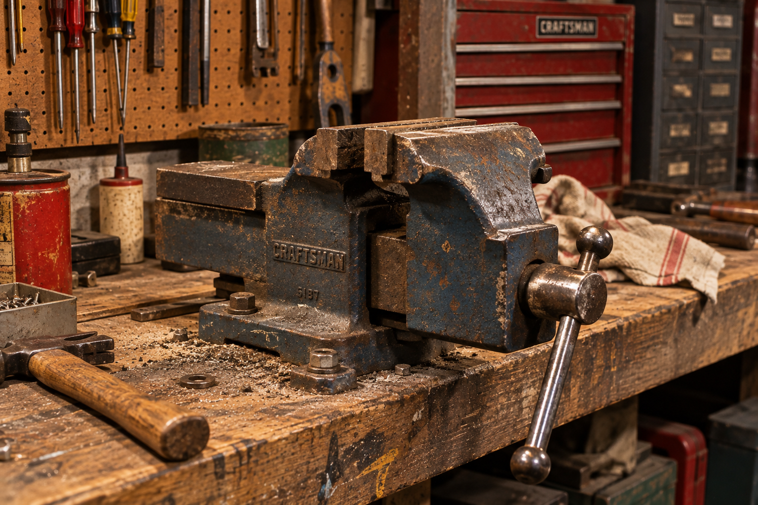 A blue Craftsman bench vise mounted on a wooden workshop table, with tools and a red tool chest in the background.