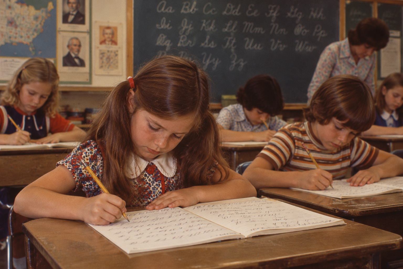 Elementary school students sitting at their desks writing in notebooks while a teacher stands in the background.