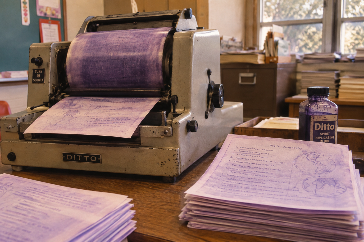 An old Ditto spirit duplicator machine prints purple worksheets in a vintage classroom, with a bottle of Ditto fluid and a stack of freshly printed papers nearby. Sunlight streams through the window in the background.