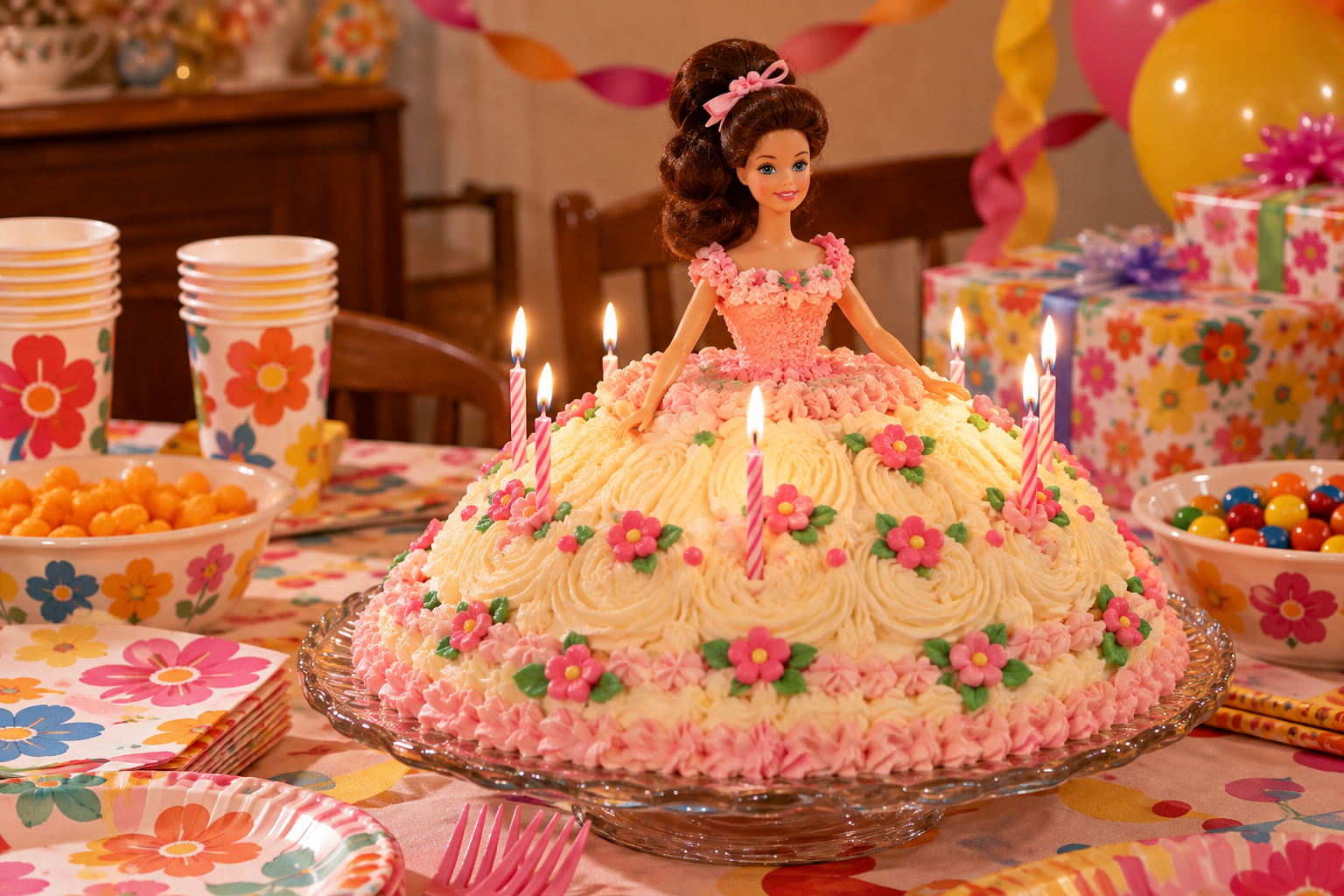 A dome-shaped cake decorated with pink frosting flowers and a doll topper, surrounded by lit candles for a 1970s birthday party, set on a table with floral paper goods.