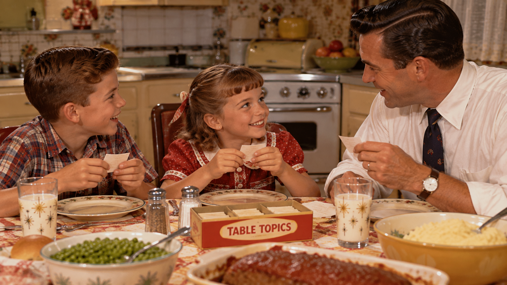 A father and his two children sit at a dinner table smiling while holding cards from a Table Topics game box.