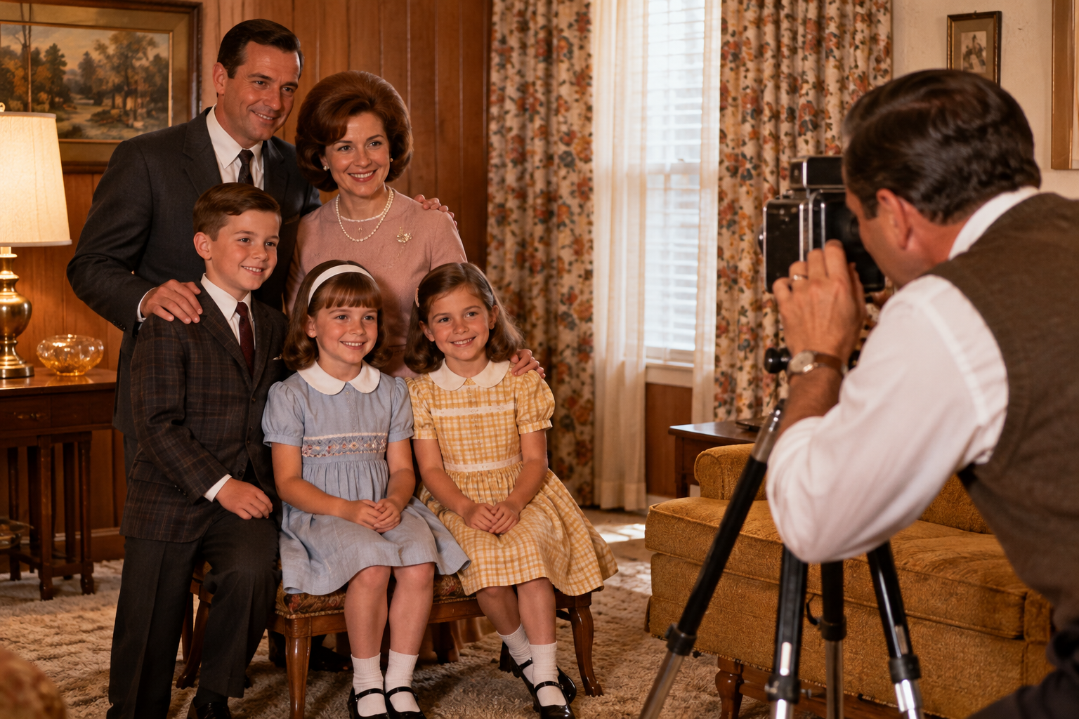 A family of five posing for a portrait while a photographer captures the image on a tripod-mounted camera.