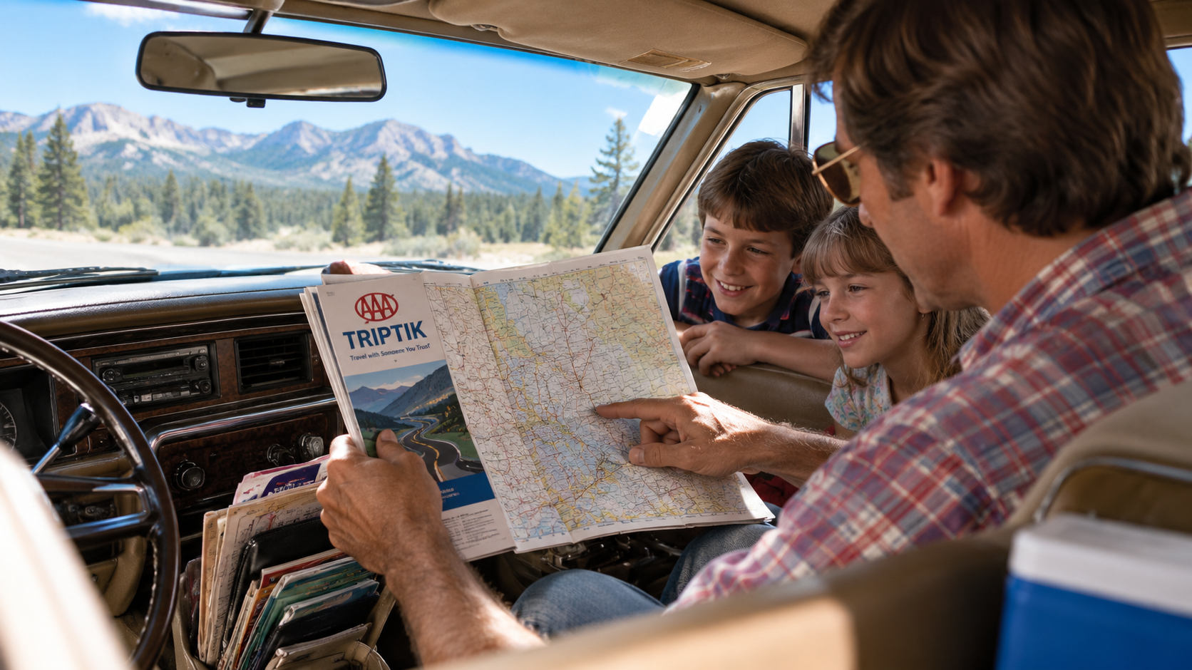 A father and his two children in the front seat of a car looking at an open AAA TripTik map.