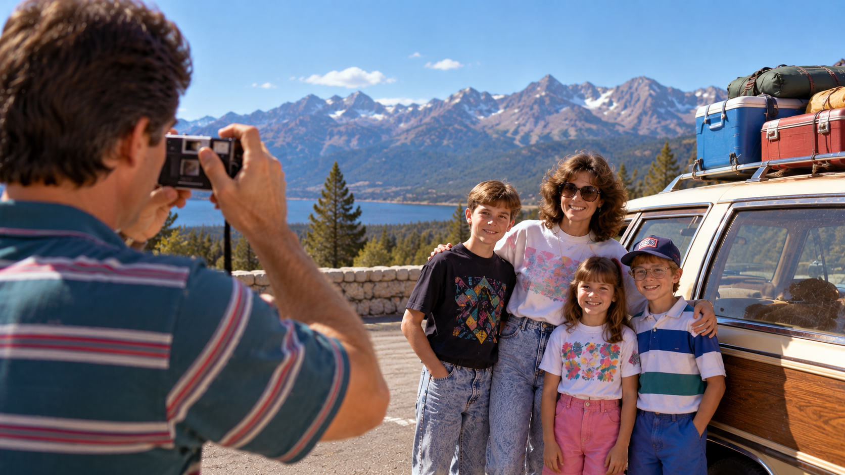 A person taking a photo of a family standing by a station wagon with mountains and a lake in the background.