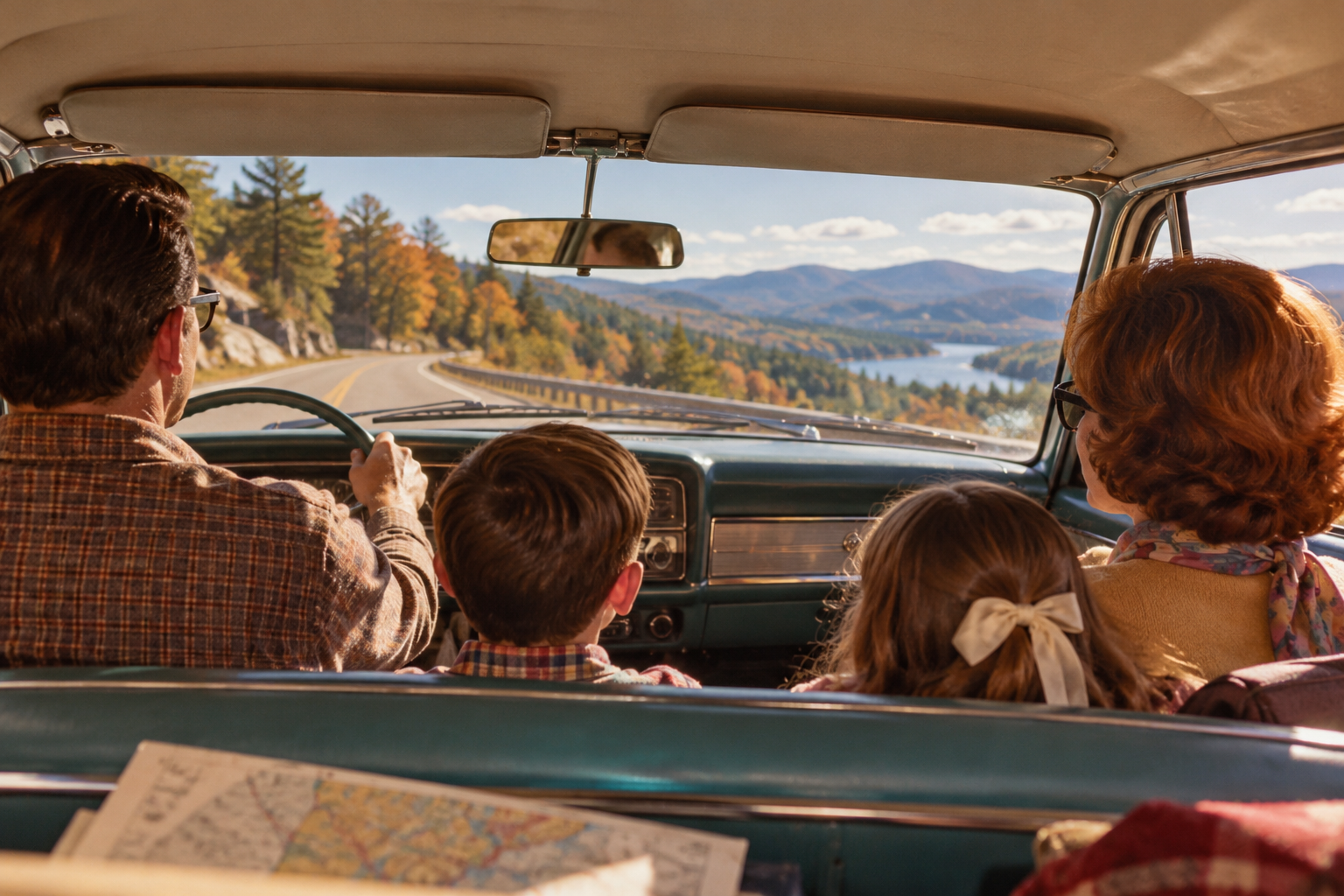 A family of four riding in the front seat of a vintage car on a scenic drive overlooking a mountain lake.