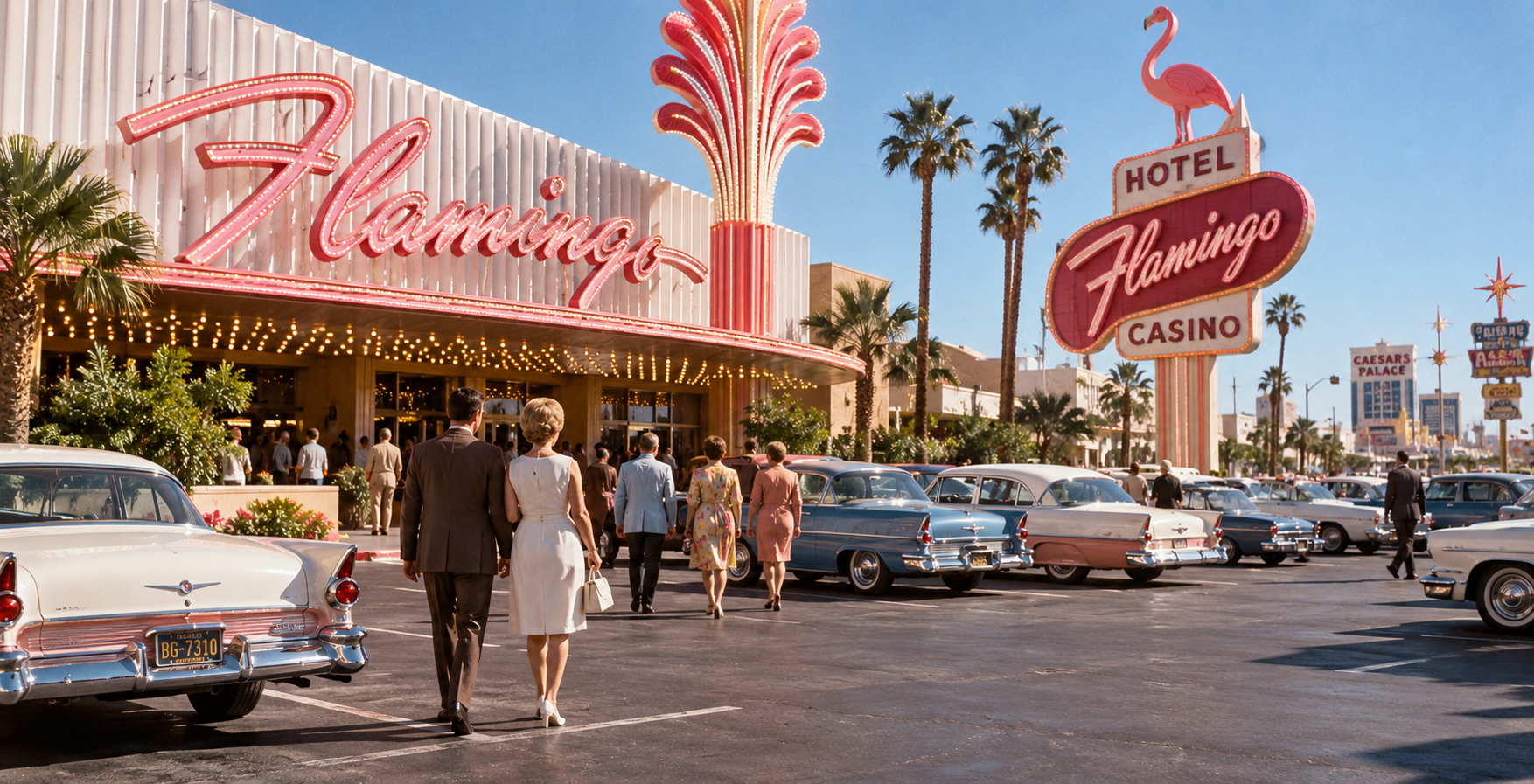 People in vintage clothing walk toward the Flamingo Hotel and Casino in Las Vegas, surrounded by classic cars and neon signs, evoking Old Las Vegas Traditions with palm trees and other casinos in the background.