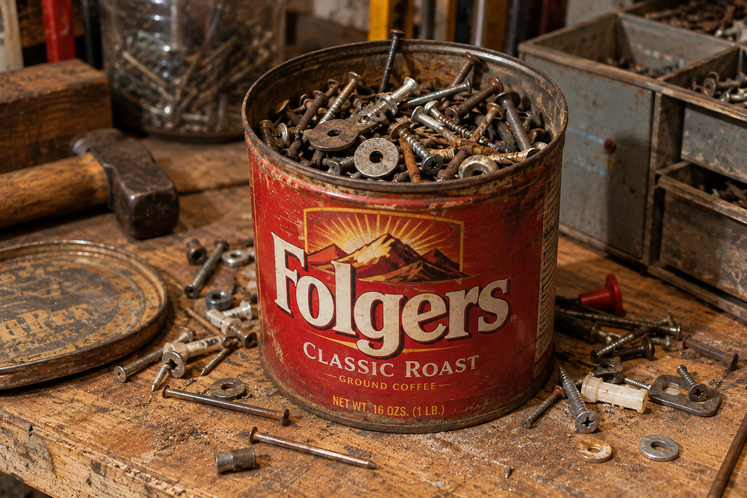 A red Folgers coffee can filled with assorted metal screws, nails, and washers sitting on a cluttered wooden workbench.