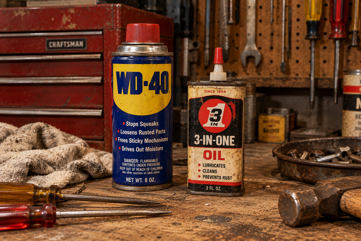 A can of WD-40 multi-use product standing next to a bottle of 3-IN-ONE oil on a wooden workbench in a workshop.