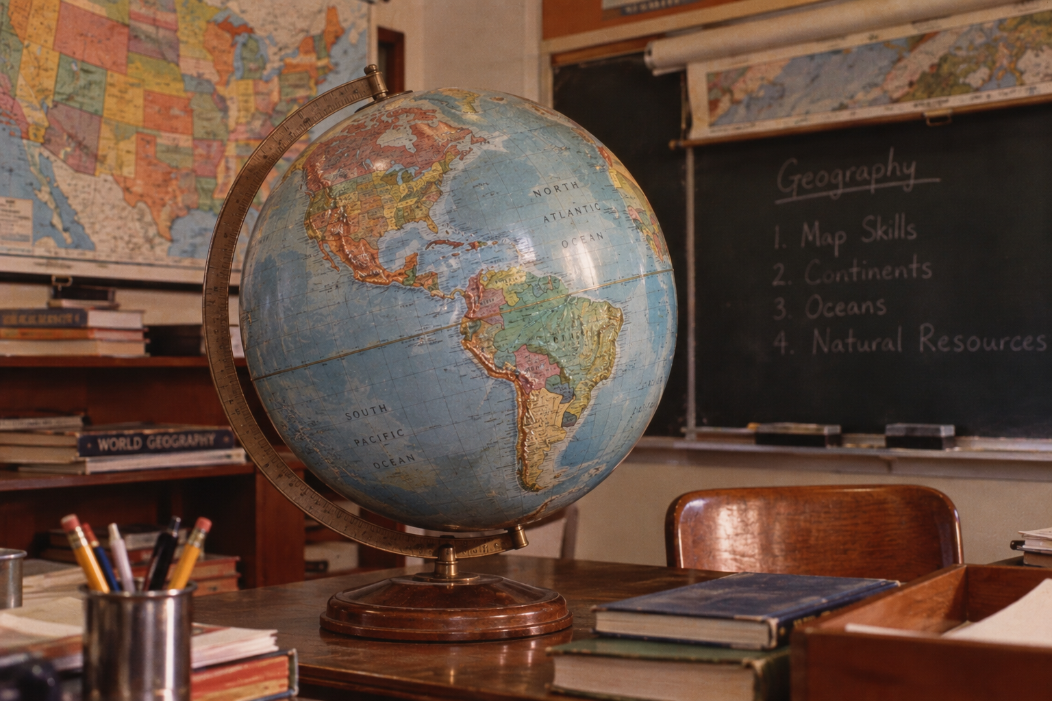 A globe sits on a desk in a classroom with books, a map of the United States, and a chalkboard listing Geography topics: Map Skills, Continents, Oceans, and Natural Resources.