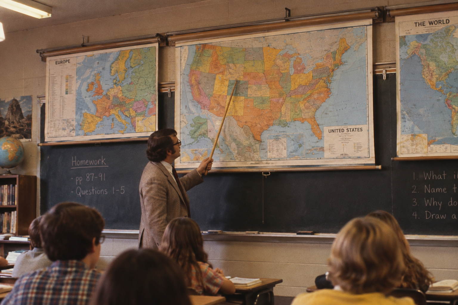 A teacher points to a map of the United States in a classroom while students sit at desks and watch. Europe and world maps hang nearby; homework is written on the chalkboard.