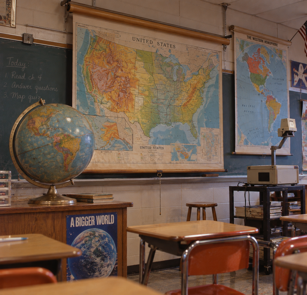A classroom featuring a globe on a teacher’s desk, wall maps of the United States and the Western Hemisphere, and student desks.