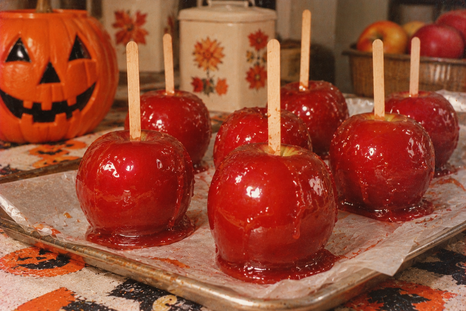 Six glossy red candy apples with wooden sticks sitting on a parchment-lined baking sheet, next to a jack-o’-lantern. Homemade Halloween treats.