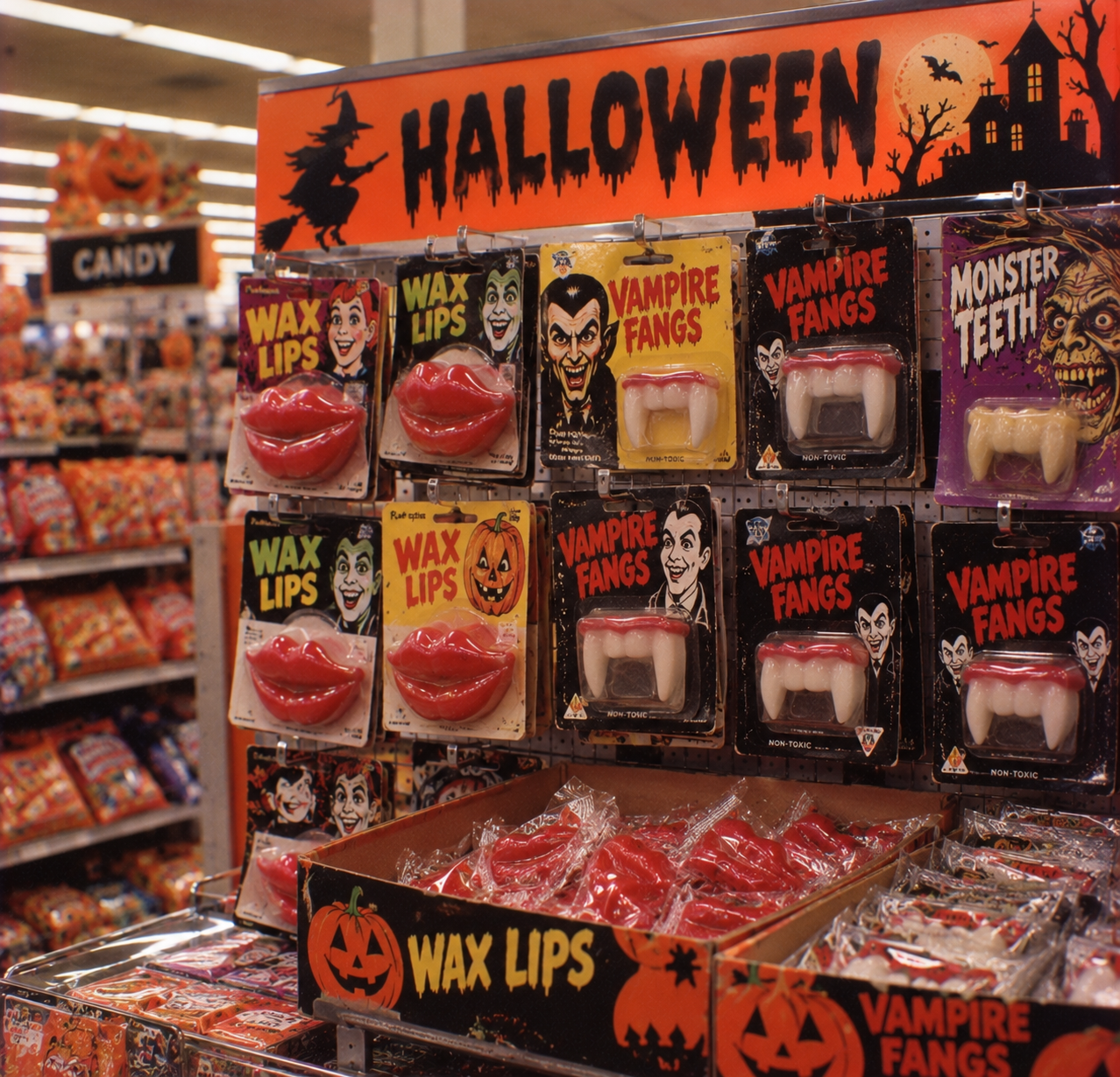 Display rack of Halloween costume novelties, including blister packs of wax lips and plastic vampire fangs, under a sign reading “HALLOWEEN.”