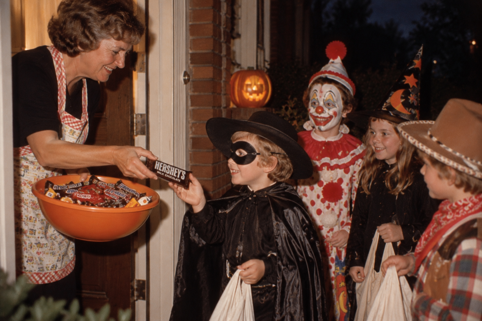 A woman in an apron hands a Hershey’s chocolate bar to a child in a black cape and mask, while a clown, a witch, and a cowboy wait nearby with trick-or-treat bags.