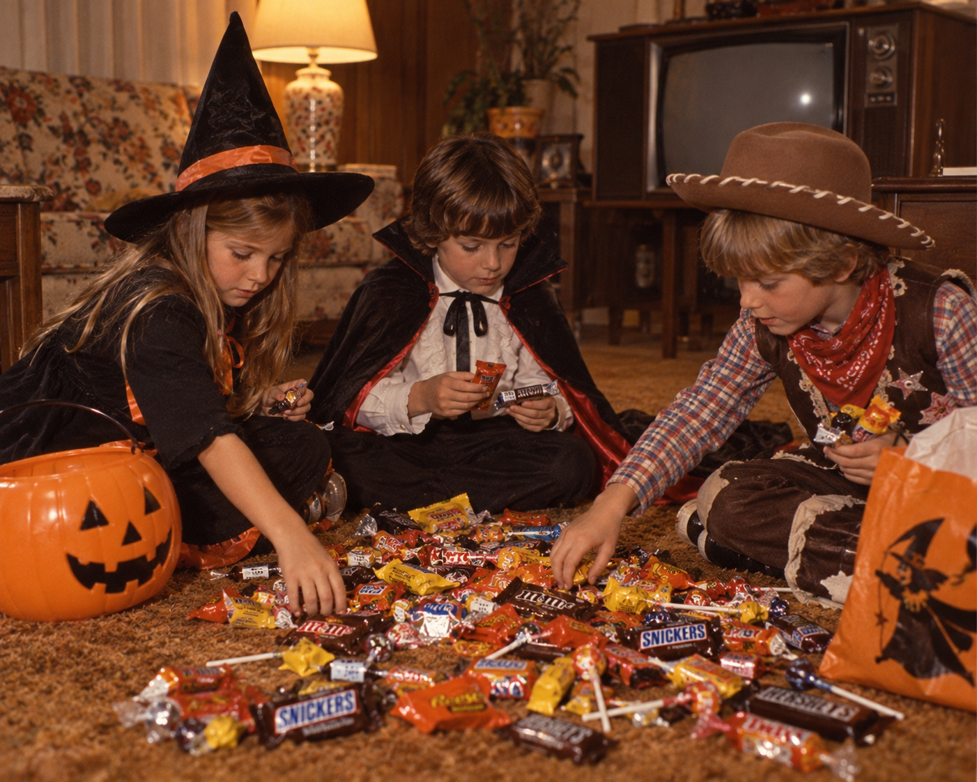 Three children in Halloween costumes—a witch, a vampire, and a cowboy—sit on a carpet sorting through a large pile of candy.