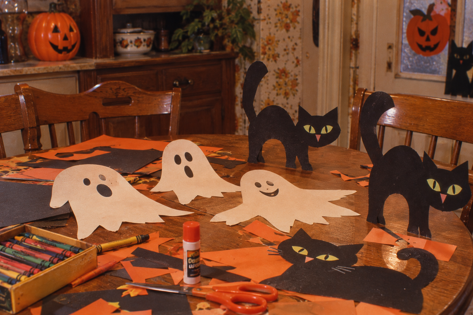 Crafts on a wooden table include several paper ghosts, black cats, orange and black paper scraps, a glue stick, scissors, and a box of crayons.