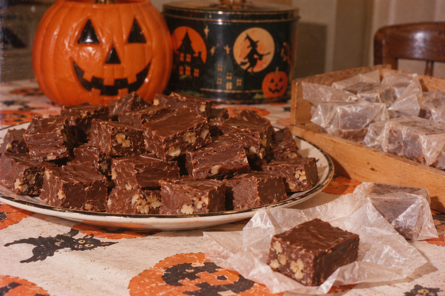 A platter of walnut fudge sits on a Halloween-themed tablecloth next to a carved plastic pumpkin, a vintage tin, and a wooden tray of individually wrapped fudge squares.