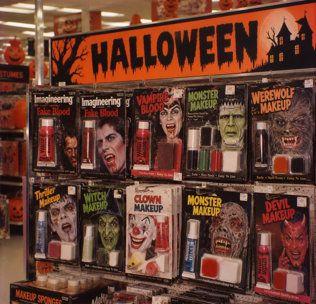 A retail display shelf featuring various packages of Halloween makeup kits, including fake blood, vampire, monster, werewolf, witch, clown, and devil themes.