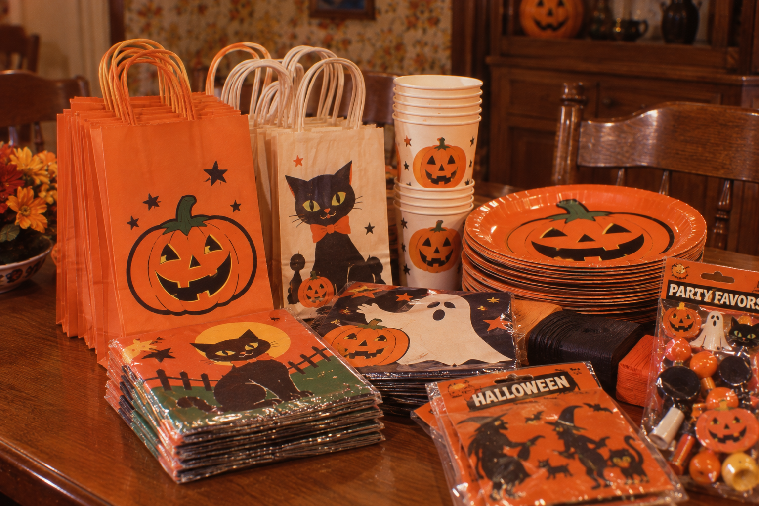 A collection of Halloween-themed party supplies, including orange and white gift bags with pumpkin and cat illustrations, paper cups, plates, napkins, and a package of party favors on a wooden table.