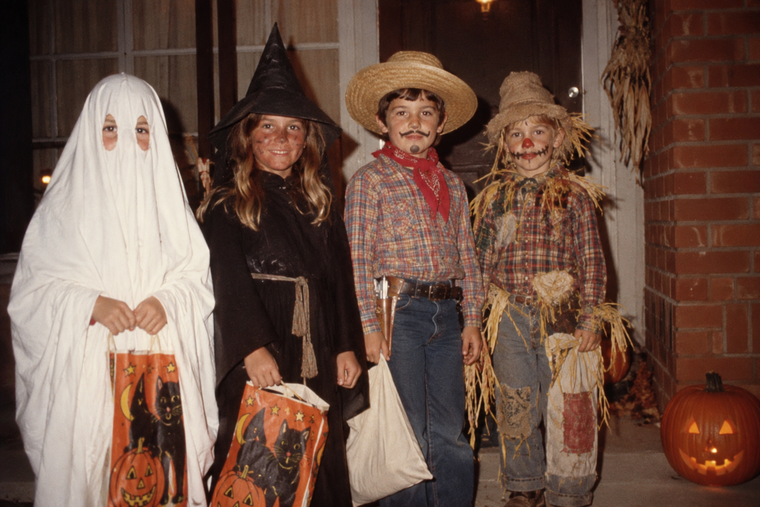 Four children in Halloween costumes—a ghost, a witch, a cowboy, and a scarecrow—standing on a porch with jack-o’-lanterns.
