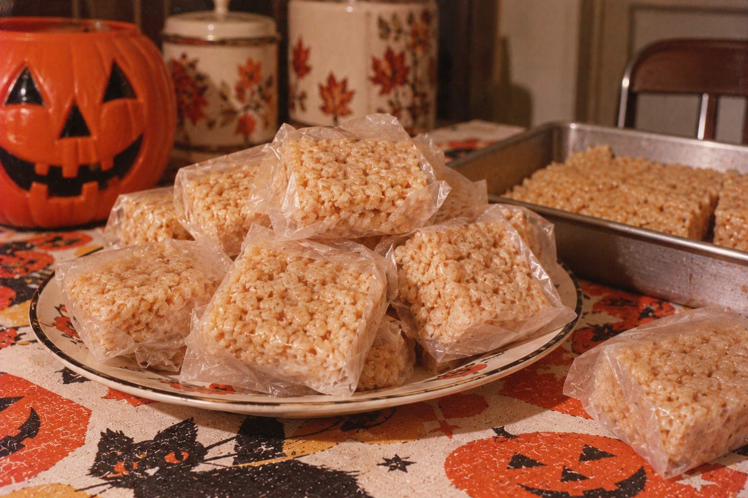 A plate piled with individually wrapped crispy rice treats on a Halloween-themed tablecloth, with a plastic pumpkin bucket nearby.