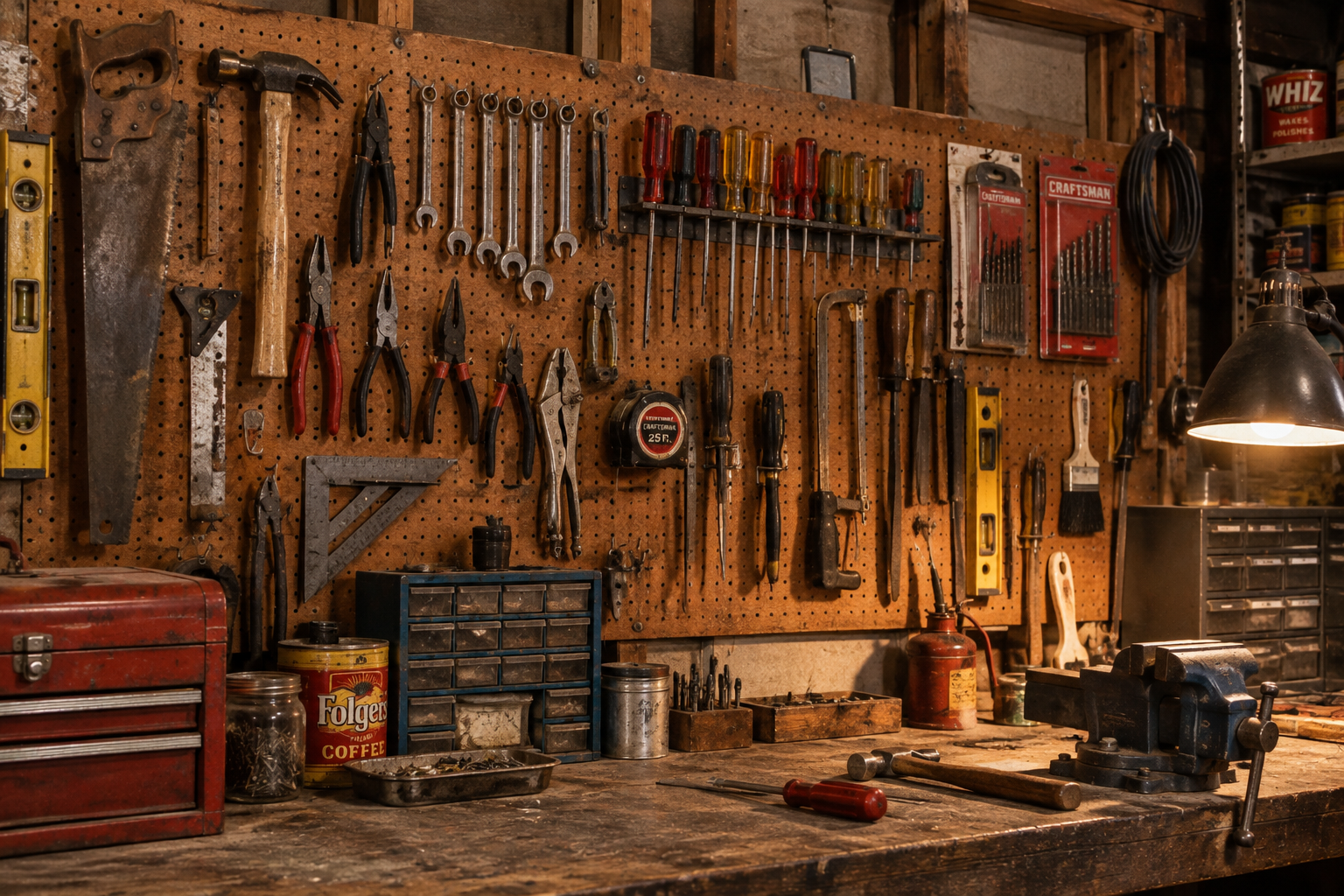 A cluttered workshop workbench with a pegboard wall holding various hand tools, including wrenches, pliers, screwdrivers, and saws.