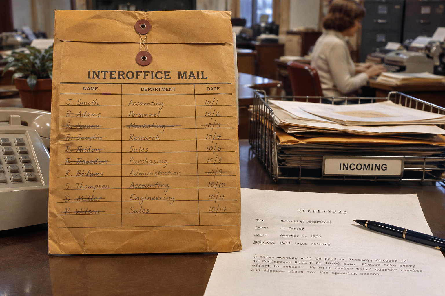 An interoffice mail envelope with a handwritten list of names and departments rests on a desk next to a memorandum regarding a fall sales meeting.
