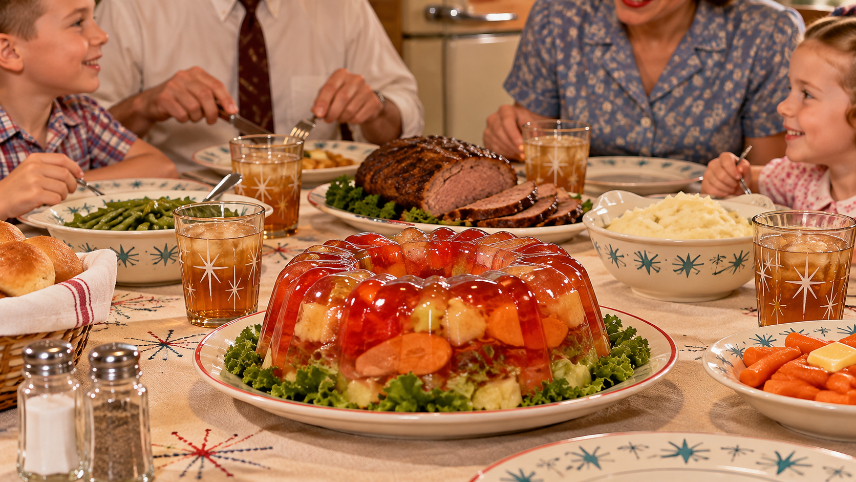 A family dining together at a table featuring a large fruit-filled gelatin mold as the centerpiece, surrounded by a roast, mashed potatoes, green beans, and carrots.