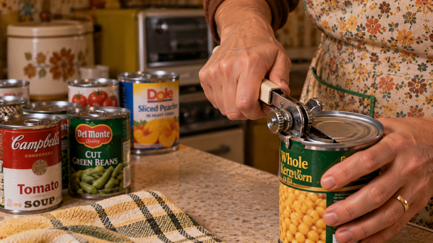 A person wearing a floral apron uses a manual hand-held can opener to open a can of whole kernel corn on a kitchen counter surrounded by other canned goods.