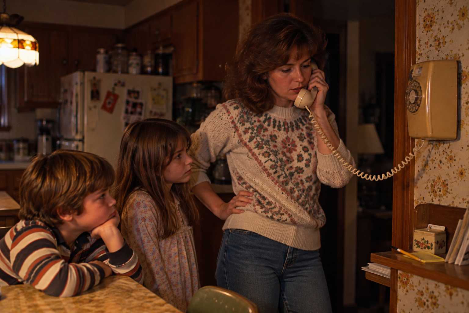 A woman in a floral sweater talks on a wall-mounted rotary phone during a power outage as a young girl and a boy watch her from a kitchen counter.