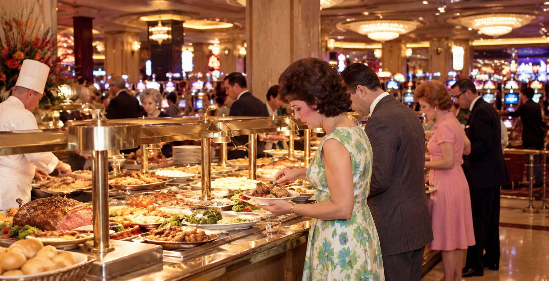 People in vintage attire serve themselves food from a lavish buffet in an elegant, well-lit dining hall, with chefs and other guests in the background. Slot machines are visible further back in the room.