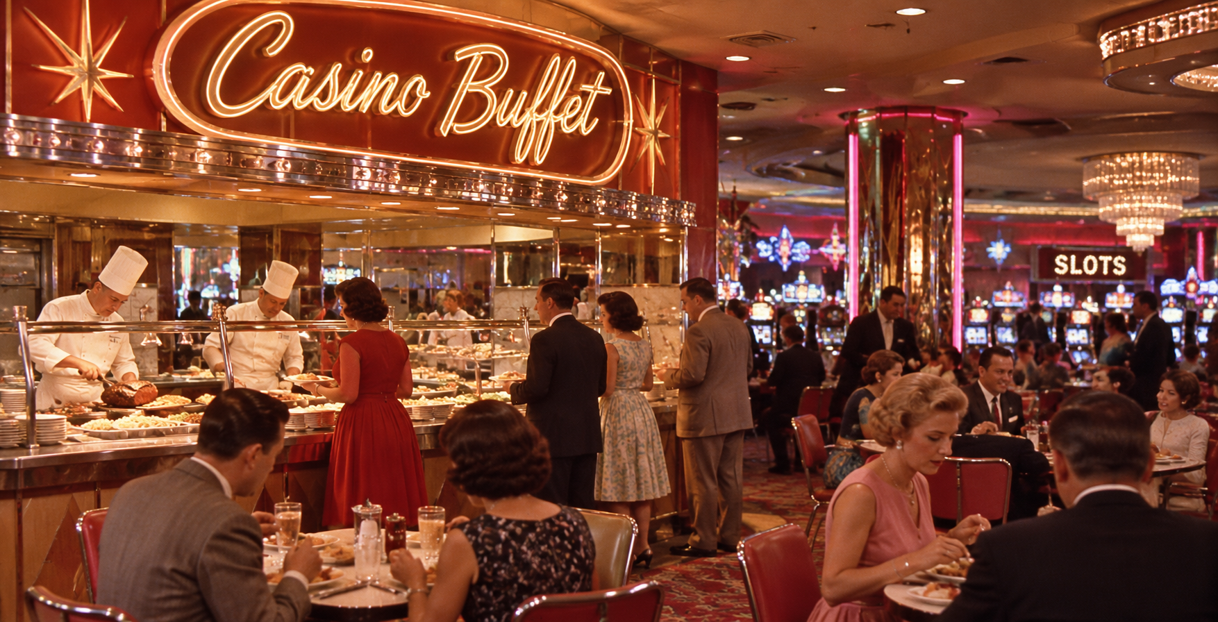 People in 1960s attire dine at a busy casino buffet, embracing Old Las Vegas Traditions. Chefs serve food under a neon “Casino Buffet” sign, with slot machines and neon lights in the lively background.