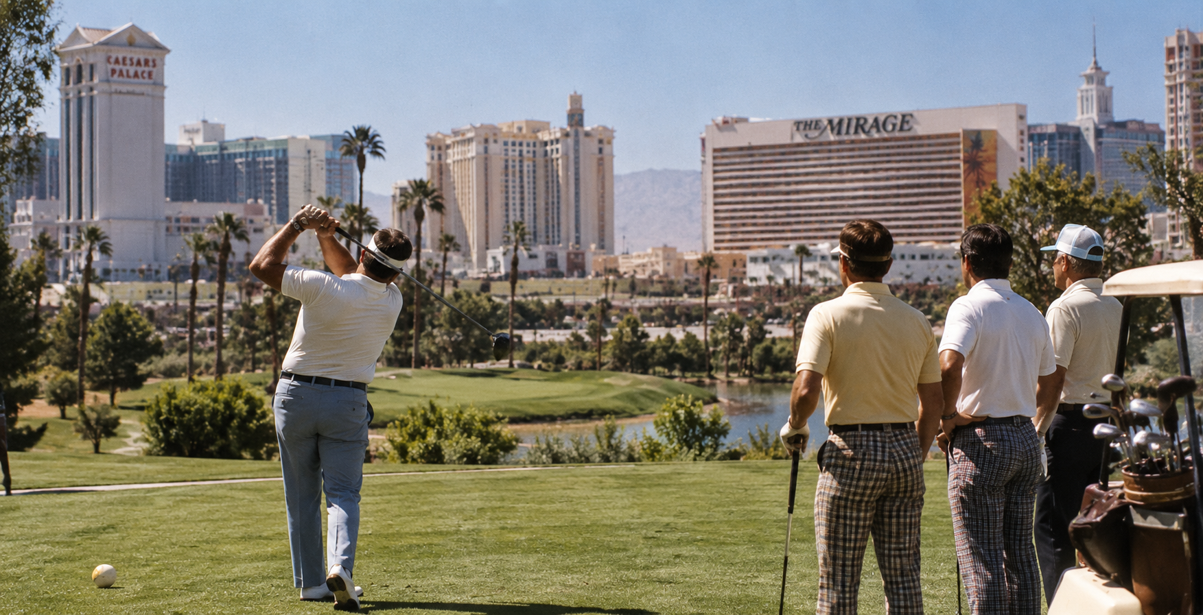 Four men golfing on a lush course with Las Vegas casinos, including Caesars Palace and The Mirage, visible in the background under a clear blue sky.