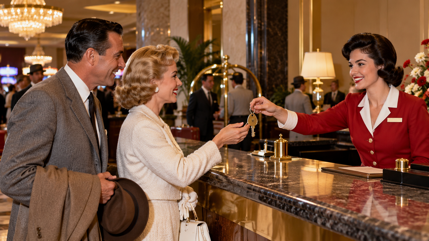A smiling hotel receptionist hands room keys to a well-dressed couple at a marble front desk in an elegant, vintage-style lobby.