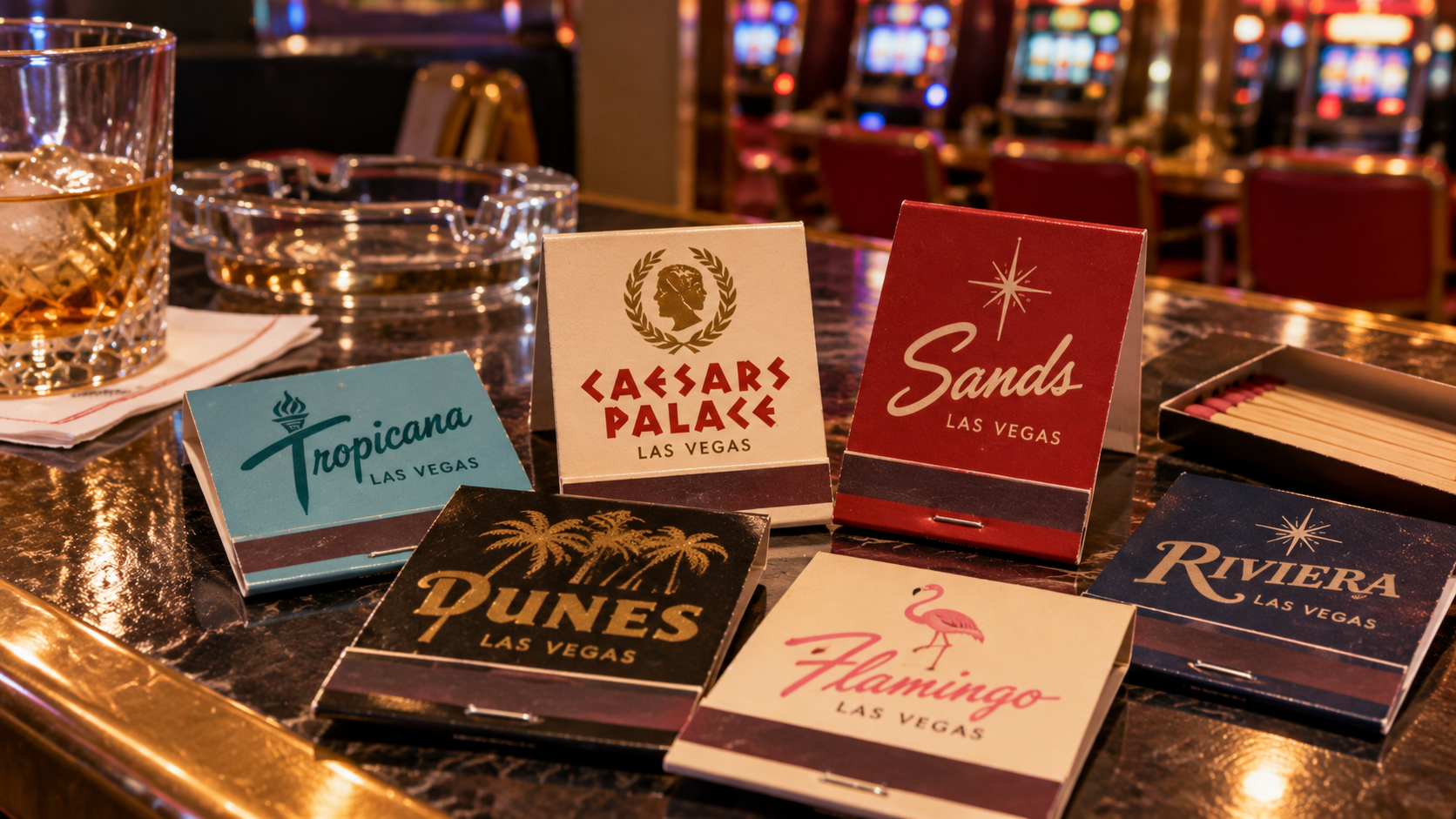 Six vintage Las Vegas casino matchbooks are displayed on a bar next to a glass of whiskey, an ashtray, and slot machines in the background.
