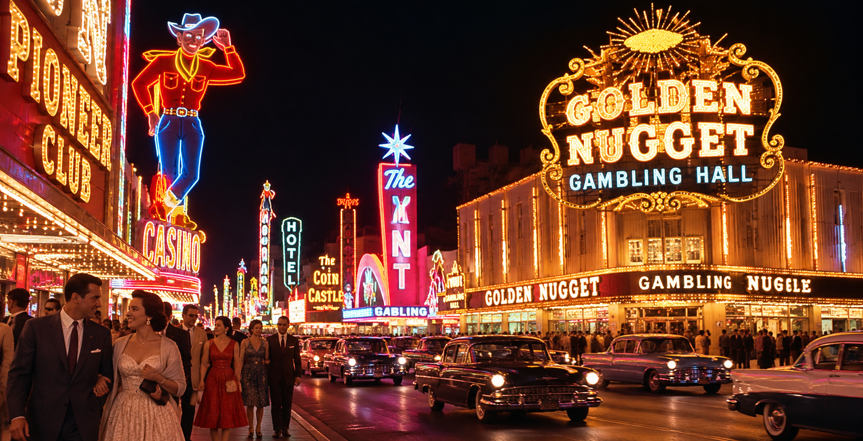 People walk along a brightly lit Las Vegas street at night in the 1950s, with neon signs for casinos like Golden Nugget and The Mint, embracing Old Las Vegas Traditions and vintage cars lining the road.