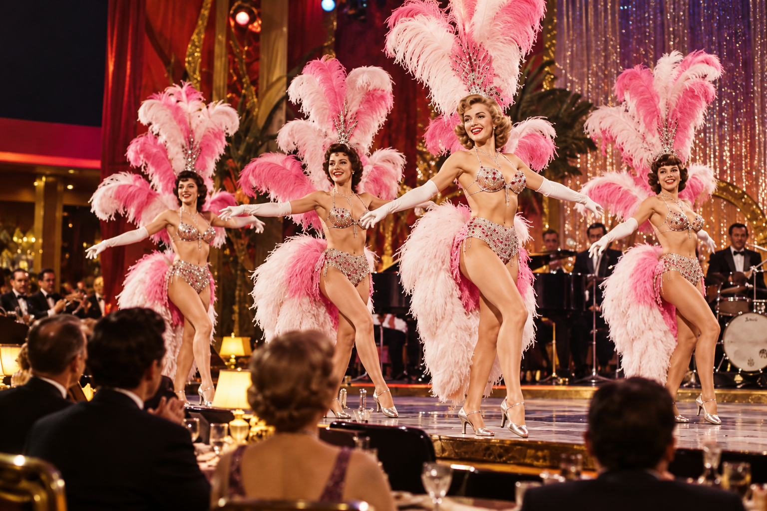 Four dancers in sparkly costumes and large pink feather headdresses perform on a bright, glamorous stage, capturing the spirit of Old Las Vegas Traditions as the audience watches from tables and a band plays behind them.
