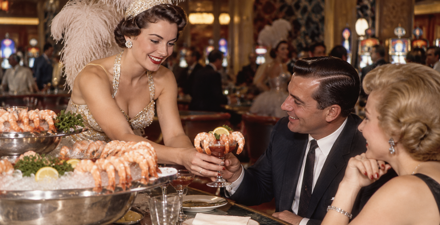 A smiling showgirl in a feathered headdress serves shrimp cocktail to a well-dressed couple at a lavish, crowded casino, capturing the spirit of Old Las Vegas Traditions with bowls of chilled shrimp on the table.