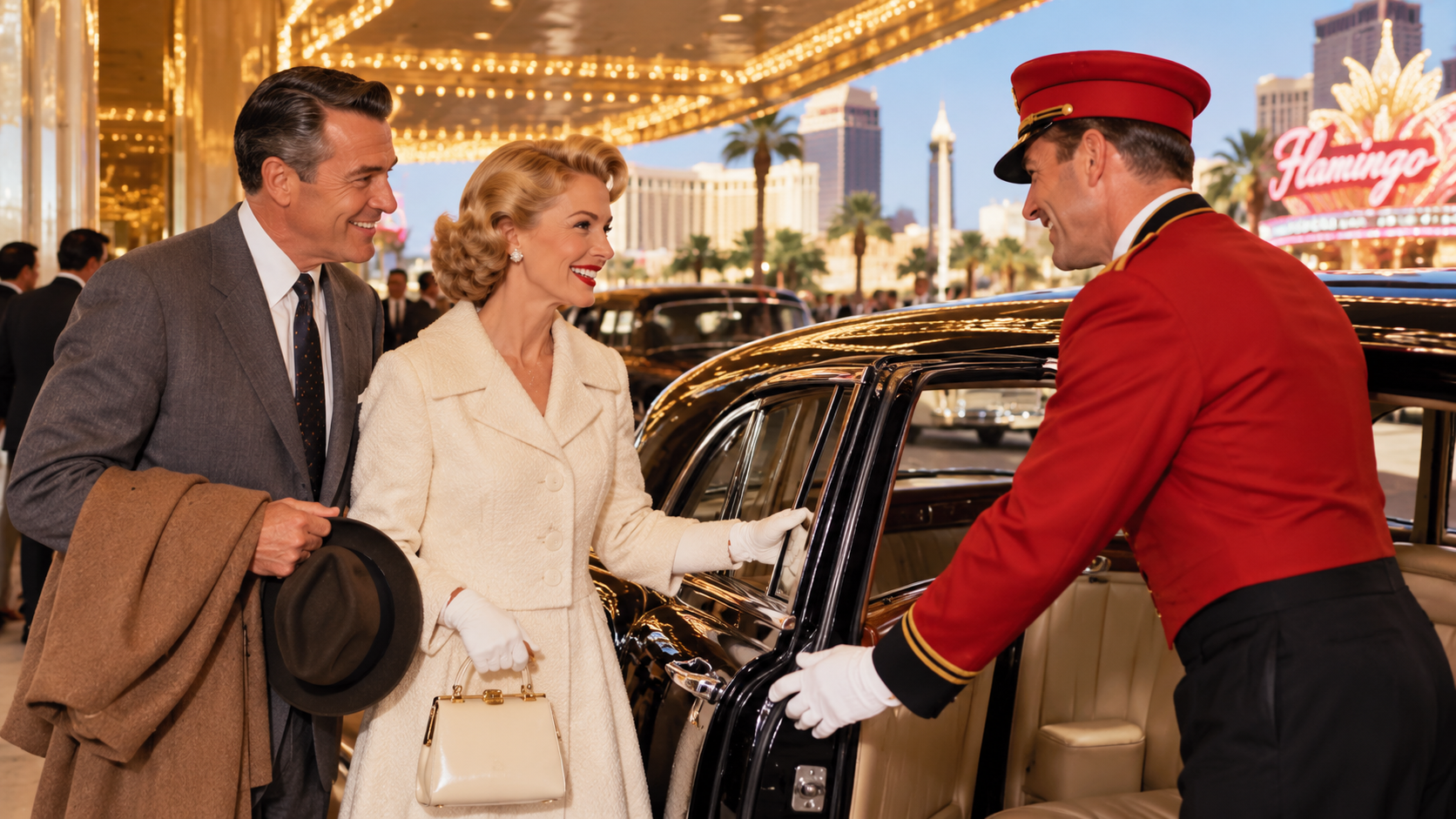 A well-dressed couple smiles as a hotel valet in a red uniform opens their car door outside a glamorous, brightly-lit casino, with the Flamingo sign and palm trees visible in the background.