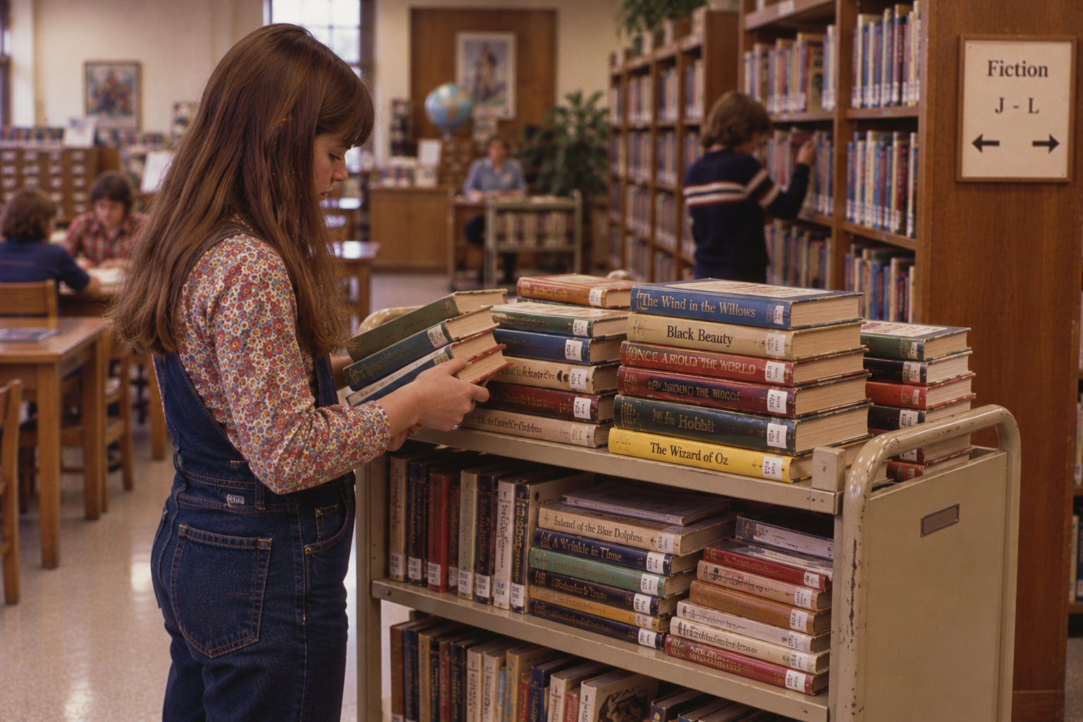 A girl in overalls shelves books onto a cart in a library, with titles including “The Wizard of Oz,” “The Hobbit,” and “Black Beauty” visible on the top stack.
