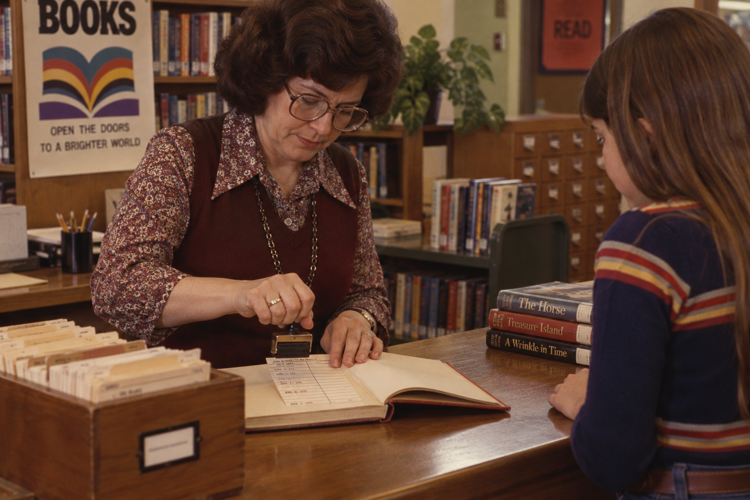A librarian stamps the due date card in a book for a young student at a library circulation desk.