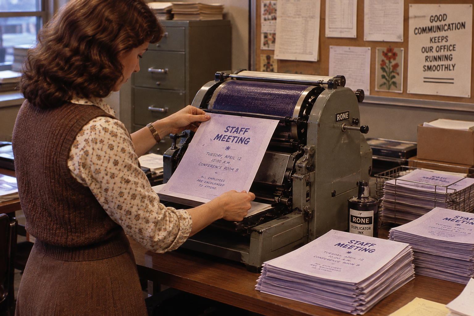 A woman in an office uses a Rone duplicator machine to print flyers for a staff meeting on Tuesday, April 12.