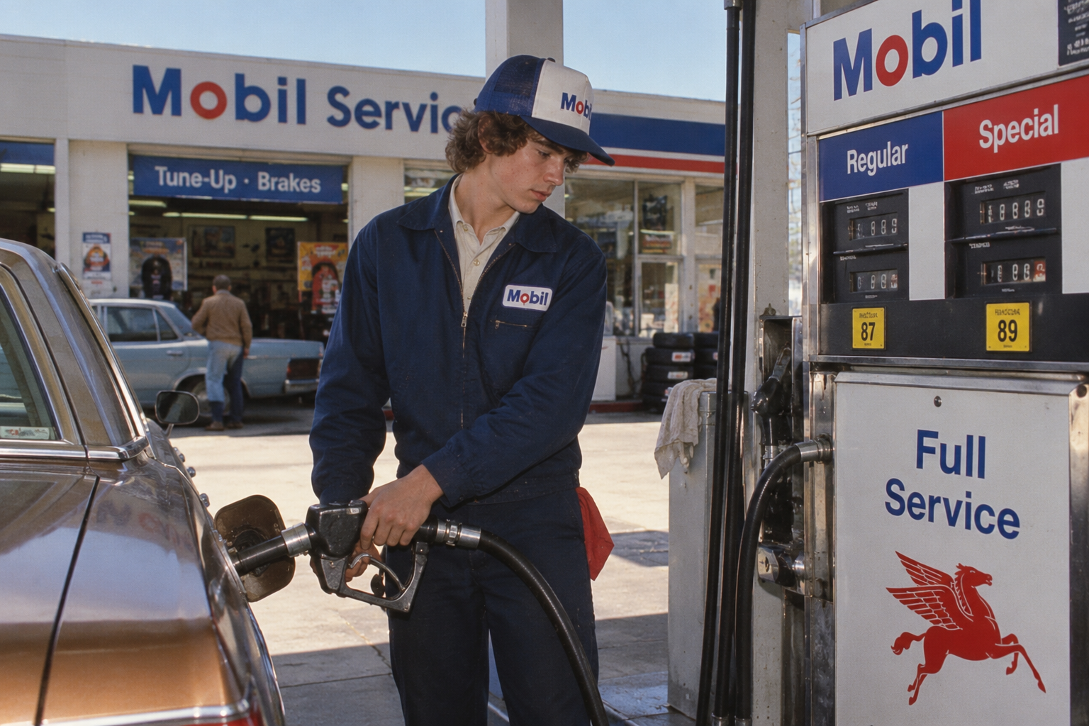 A Mobil service station attendant in a uniform and cap pumps gas into a car.