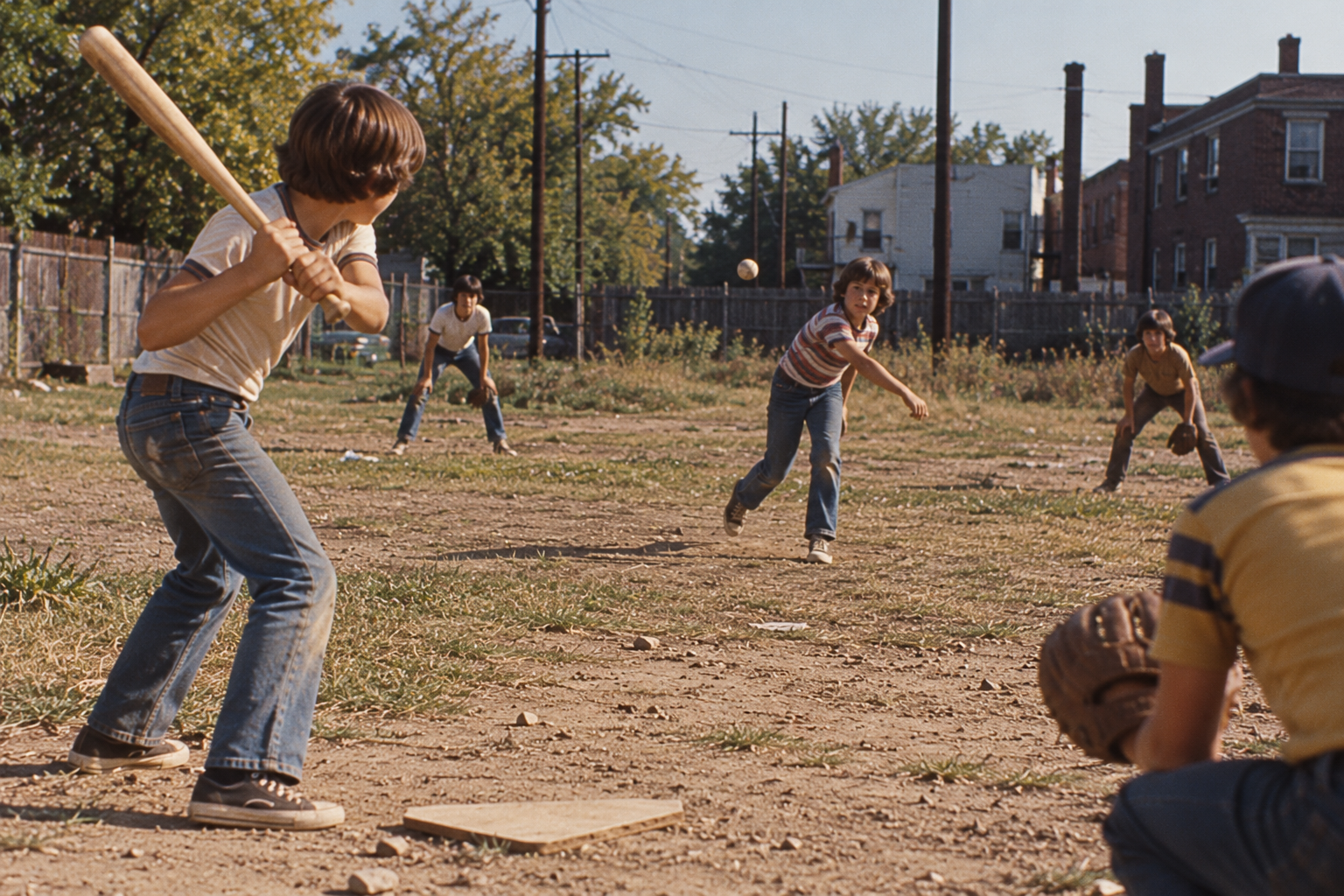 A child at bat faces a pitcher on a dirt sandlot, with a catcher crouched in the foreground and a fielder positioned in the background.