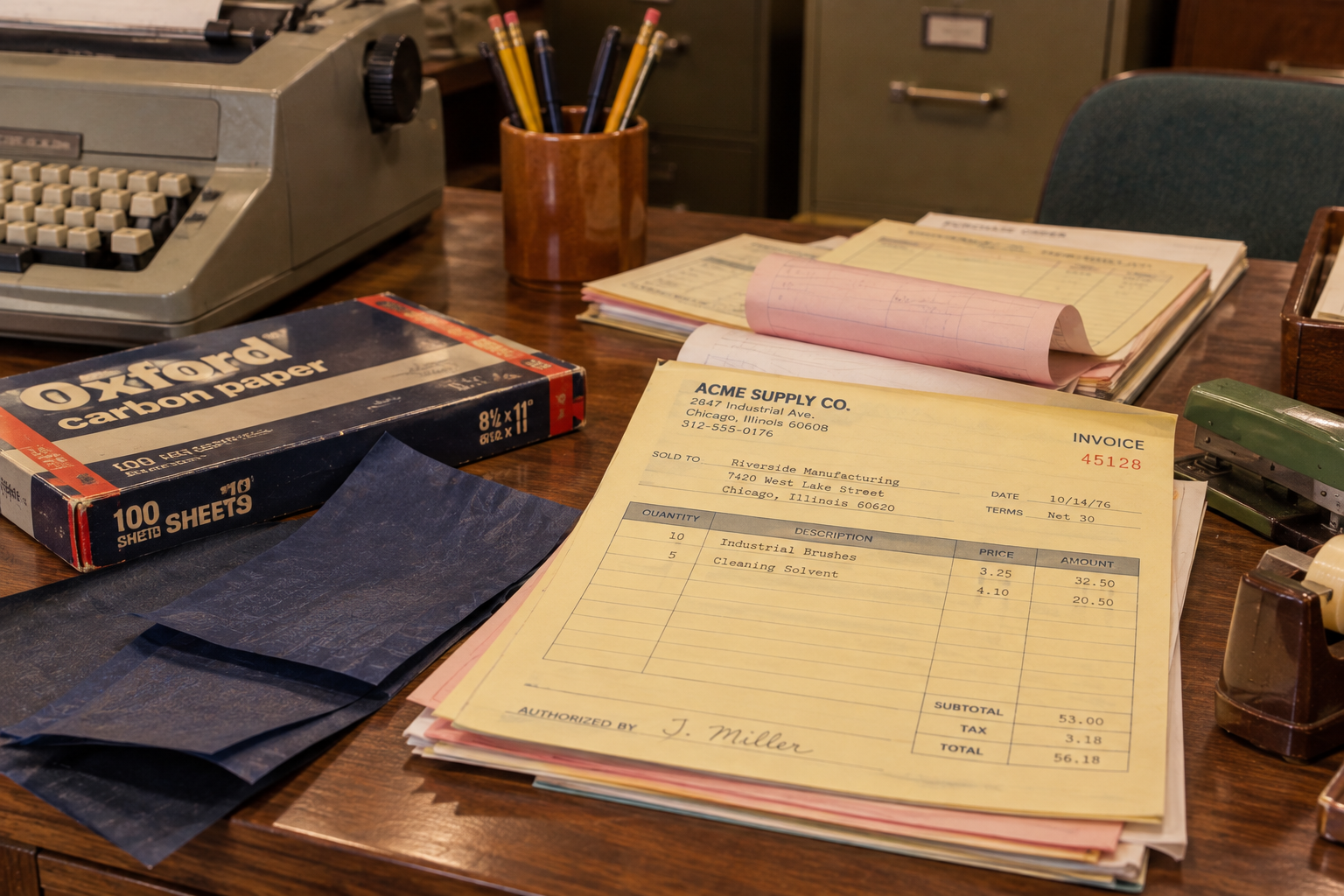 An invoice from Acme Supply Co. dated October 14, 1976, sitting on a desk next to a box of carbon paper, a typewriter, and a pen holder.