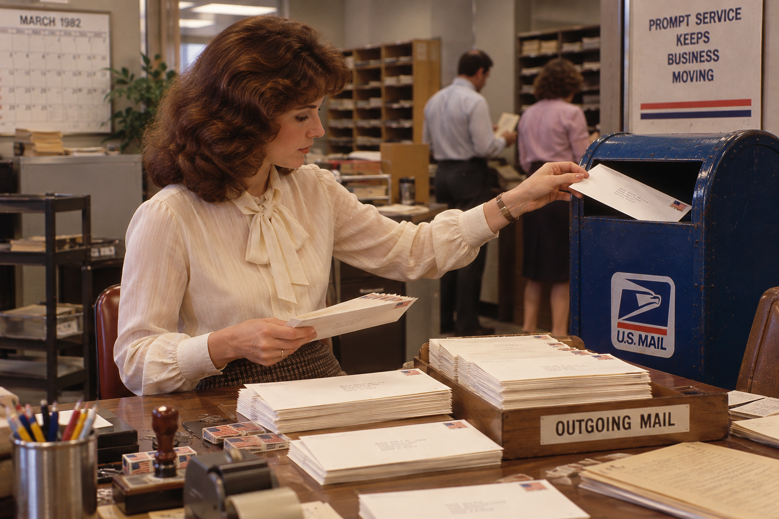 A woman at an office desk places a letter into a blue U.S. Mail collection box, with stacks of outgoing envelopes on the desk in front of her.